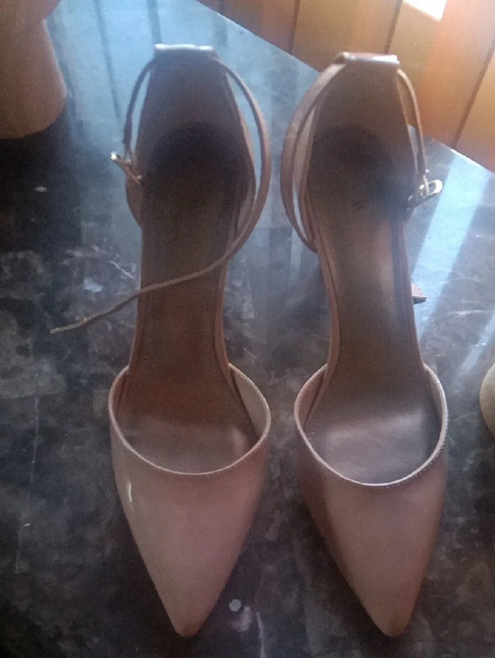 Pointed-Toe Ankle-Strap Heels in Blush Nude